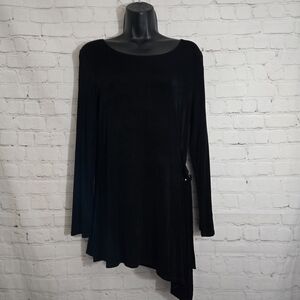 Vtg 90s Travelers By Chicos Black Asymmetrical slinky tunic top Sz S Buckle Side